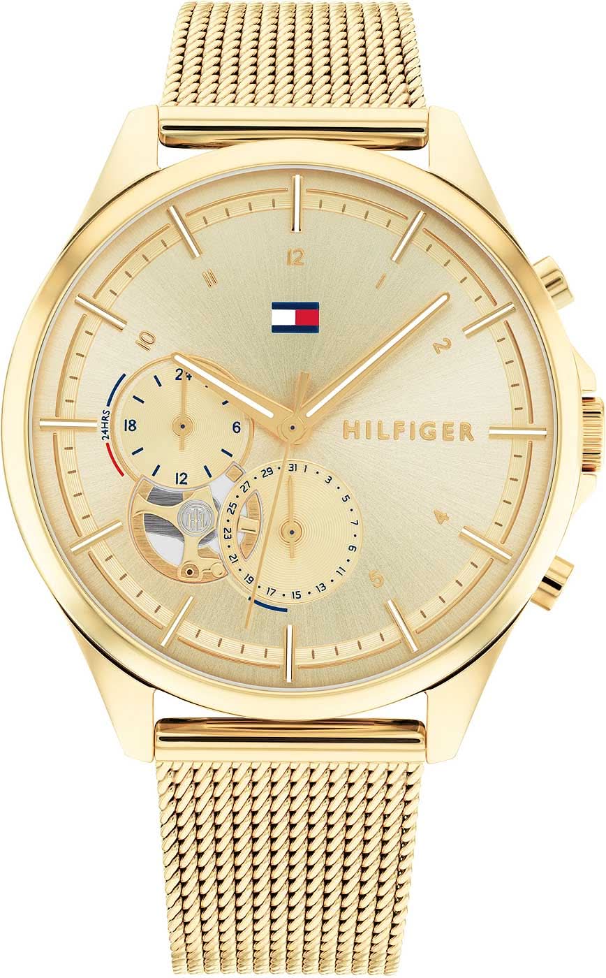 Reloj Tommy Hilfiger para mujer con correa de malla dorada, esfera color crema y dos subesferas de cronógrafo