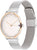 "Reloj de pulsera para mujer con correa de malla plateada y esfera clara, bisel en oro rosa"