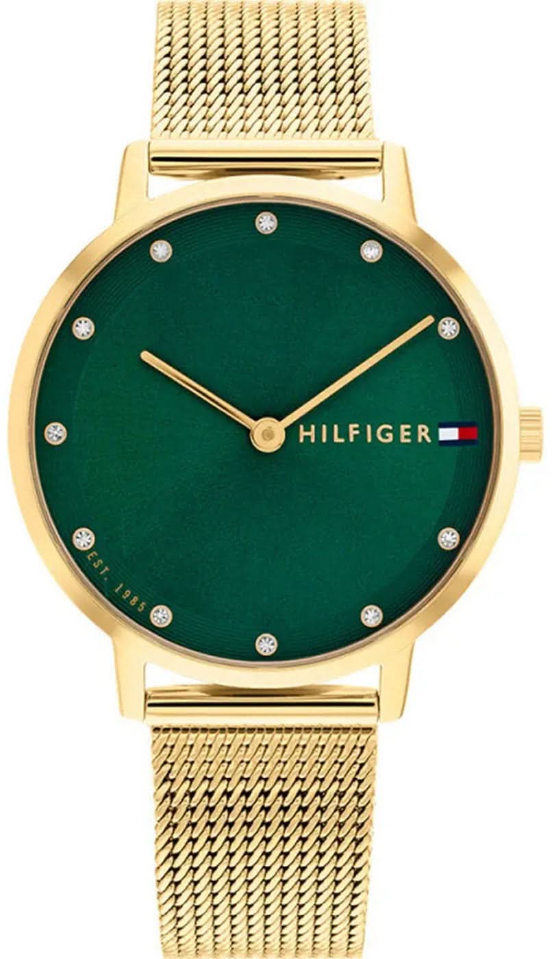 Reloj Tommy Hilfiger para mujer con esfera verde y correa de metal dorada