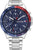 Reloj de hombre con correa de metal plateado, esfera azul y detalles rojos