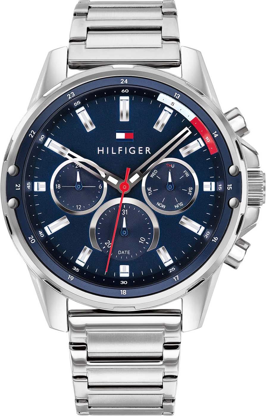 Reloj Tommy Hilfiger para hombre con correa de acero inoxidable plateada, esfera azul y diseño de cronógrafo