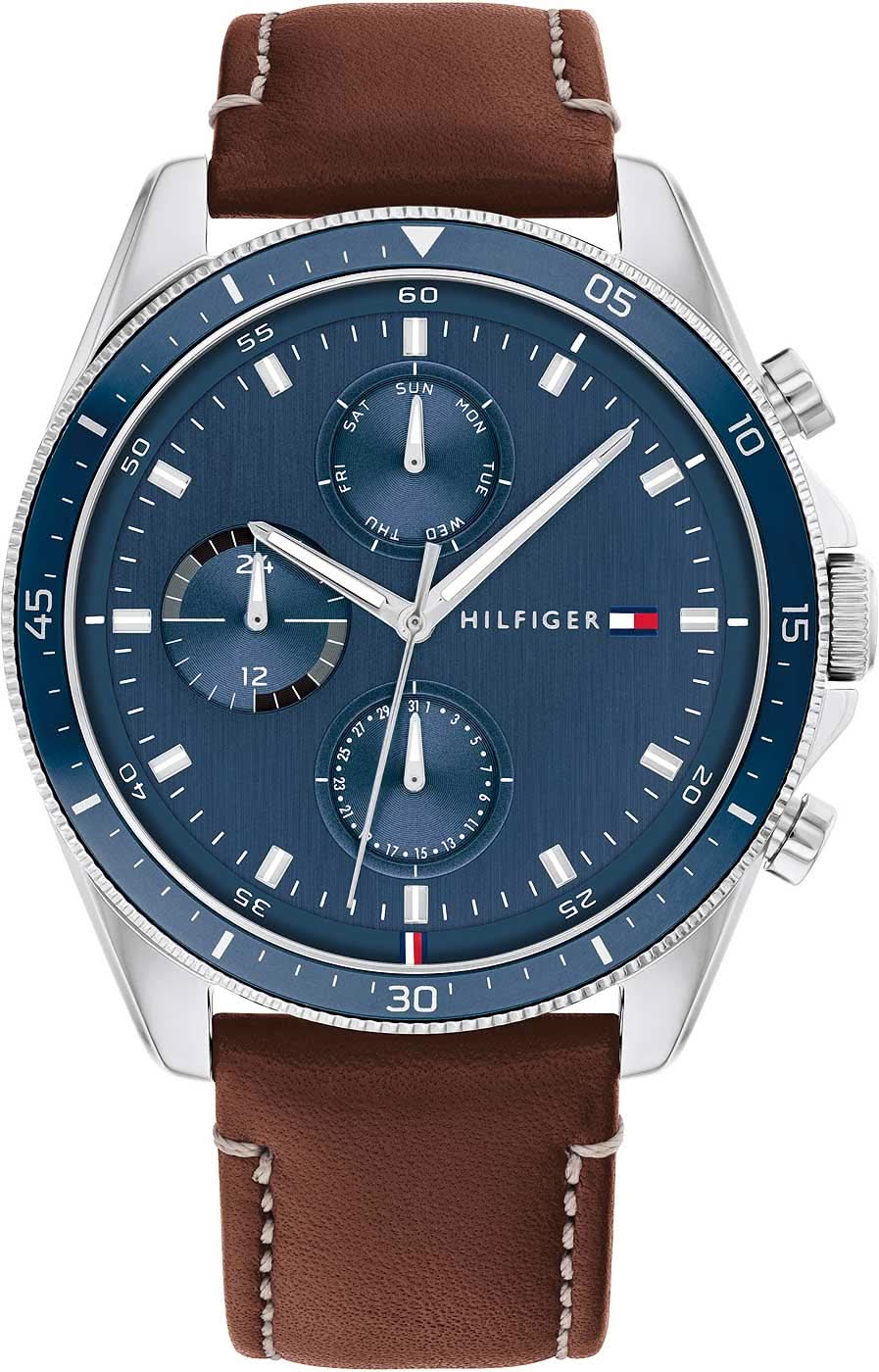 Pulsera de hombre Tommy Hilfiger: esfera azul, caja plateada, correa de cuero marrón