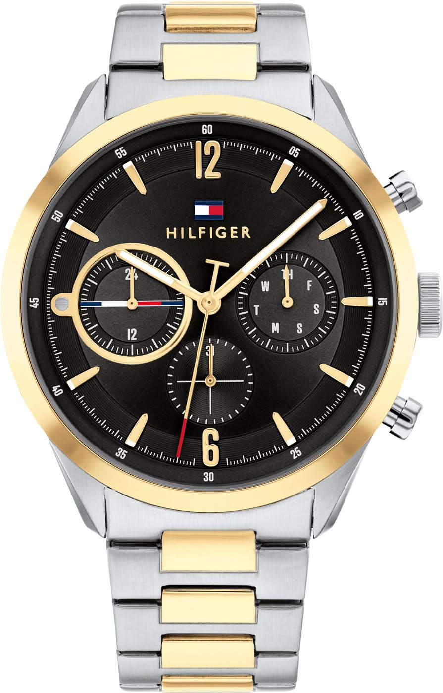 Reloj de pulsera para hombre: esfera negra, bisel dorado, correa de metal plateado