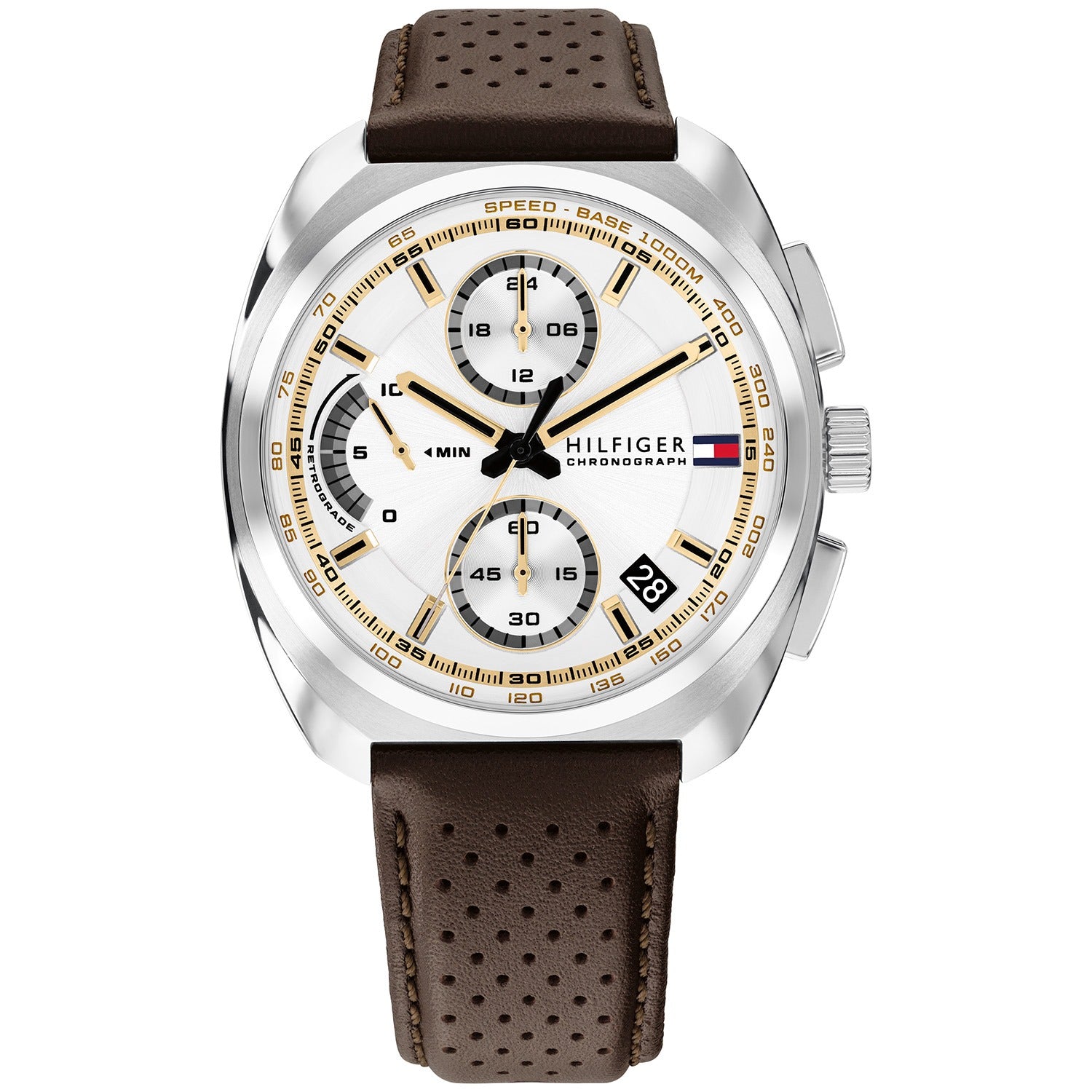 Herren-Chronograph mit perforiertem Lederarmband, braun, rundes Gehäuse und Zifferblatt