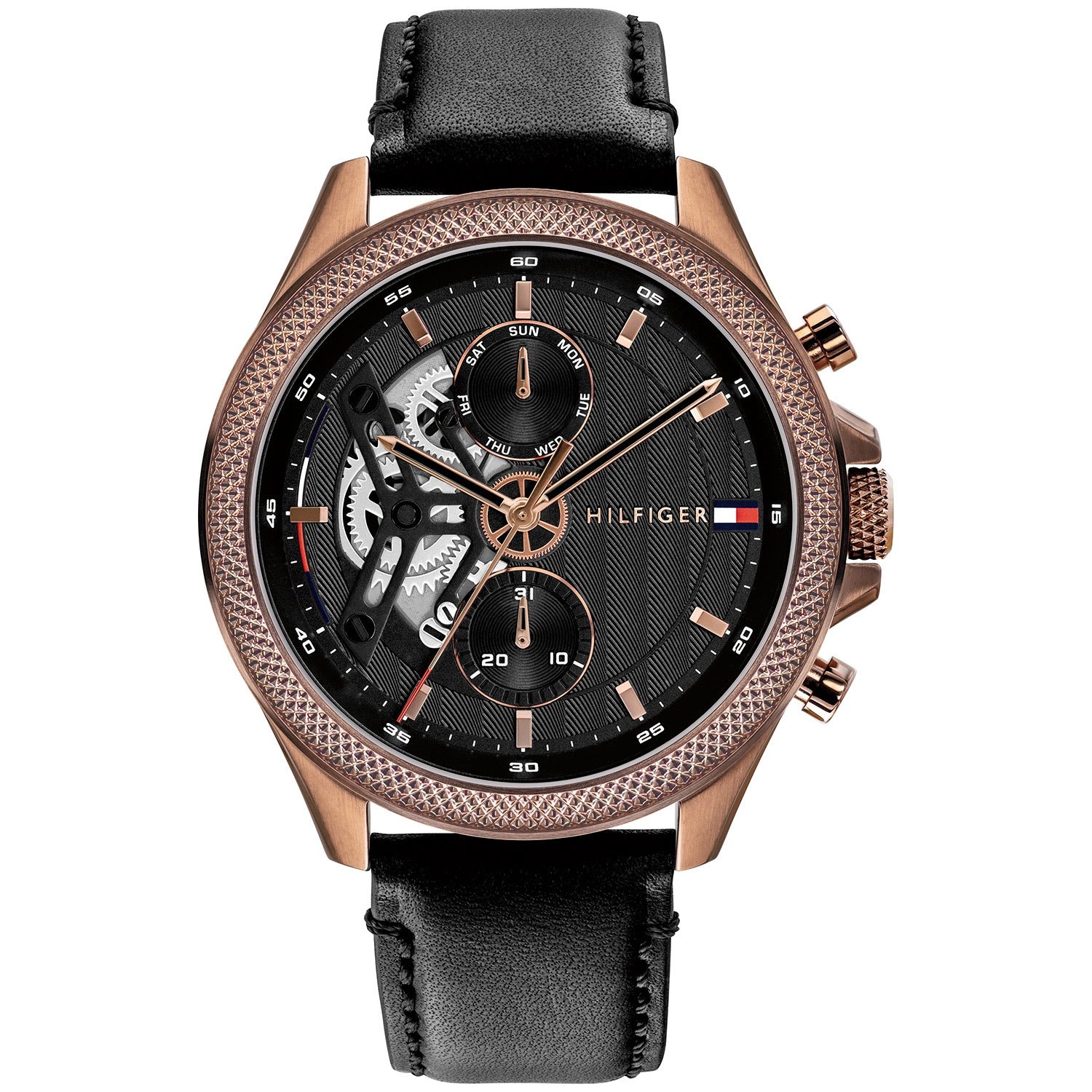 Tommy Hilfiger Herrenarmbanduhr mit schwarzem Lederarmband und schwarzem Zifferblatt