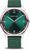 Reloj de hombre con esfera verde, correa de tela verde y caja plateada, detalles en rojo