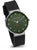 Reloj de hombre con correa de cuero negra, esfera verde y caja redonda plateada