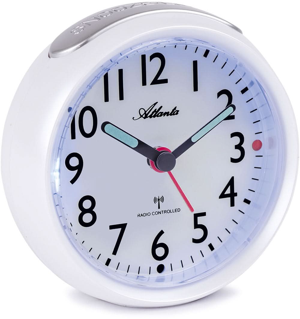 Despertador clásico Atlanta, despertador redondo de plástico con esfera analógica, blanco