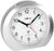 Reloj analógico con esfera blanca, caja de plástico plateada, manecillas de radio y detalles en verde