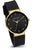 Reloj unisex, en ángulo: esfera negra, caja dorada, correa de silicona negra