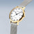 Reloj de mujer con caja redonda dorada, correa de malla metálica plateada y esfera blanca