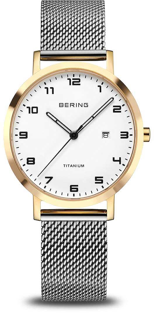 BERING Reloj de mujer con correa de metal plateado, caja dorada y esfera blanca