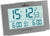 Despertador digital inalámbrico con pantalla LCD azul, carcasa gris y pantalla de alarma
