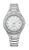 "Reloj de mujer con pulsera de metal plateado y esfera blanca, bisel redondo"