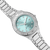 "Reloj de mujer con esfera azul claro, manecillas y pulsera de acero inoxidable"