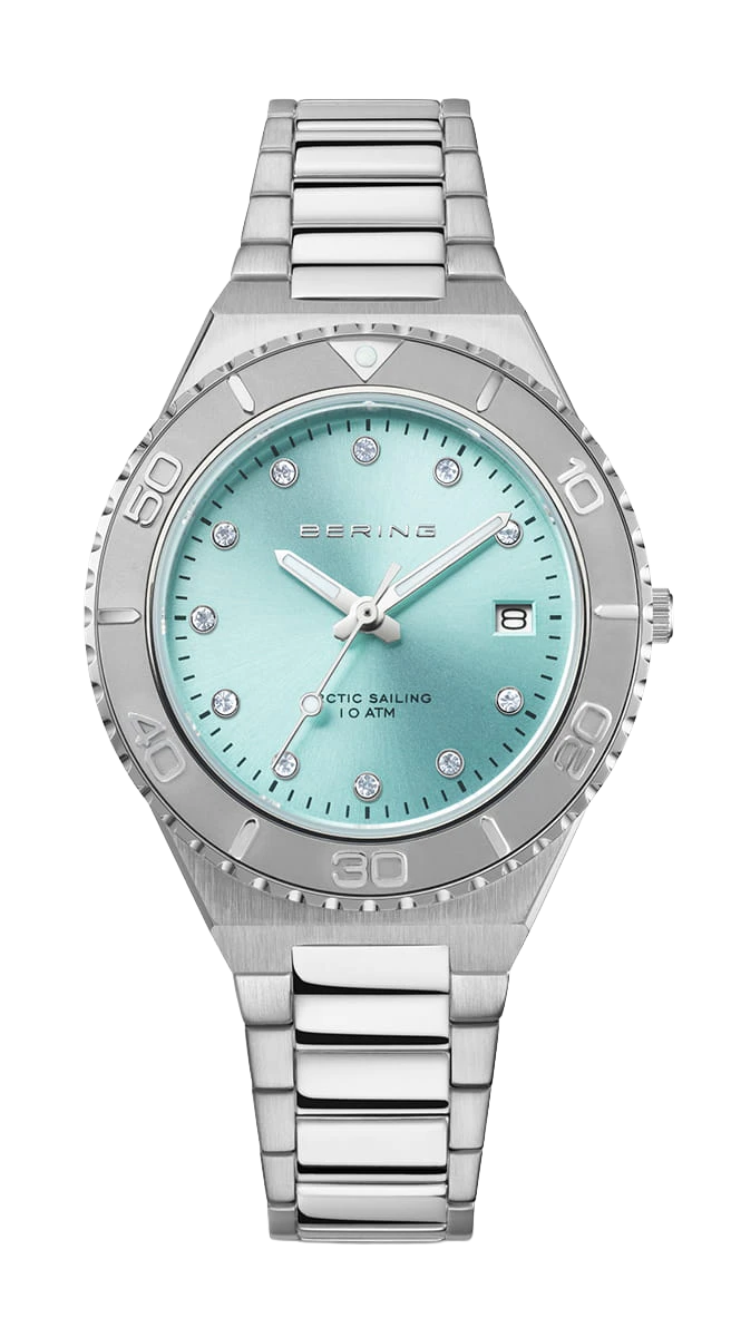 Reloj Bering para mujer con esfera azul claro y brazalete de eslabones de acero inoxidable