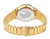 Reverso del reloj de mujer en tono dorado con grabado y brazalete de eslabones de acero inoxidable