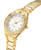 Reloj de mujer en tono dorado, caja redonda con esfera blanca y correa milanesa