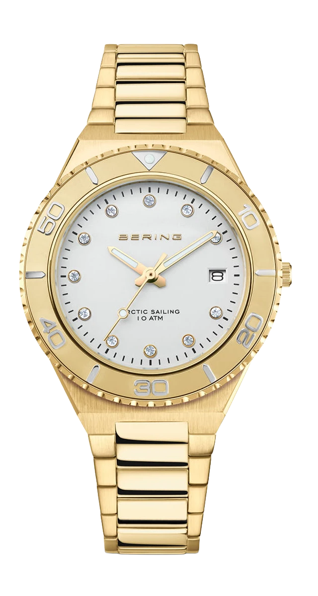 Reloj de mujer en tono dorado con esfera blanca, manecillas y correa milanesa