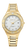 Reloj de mujer en tono dorado con esfera blanca, manecillas y correa milanesa