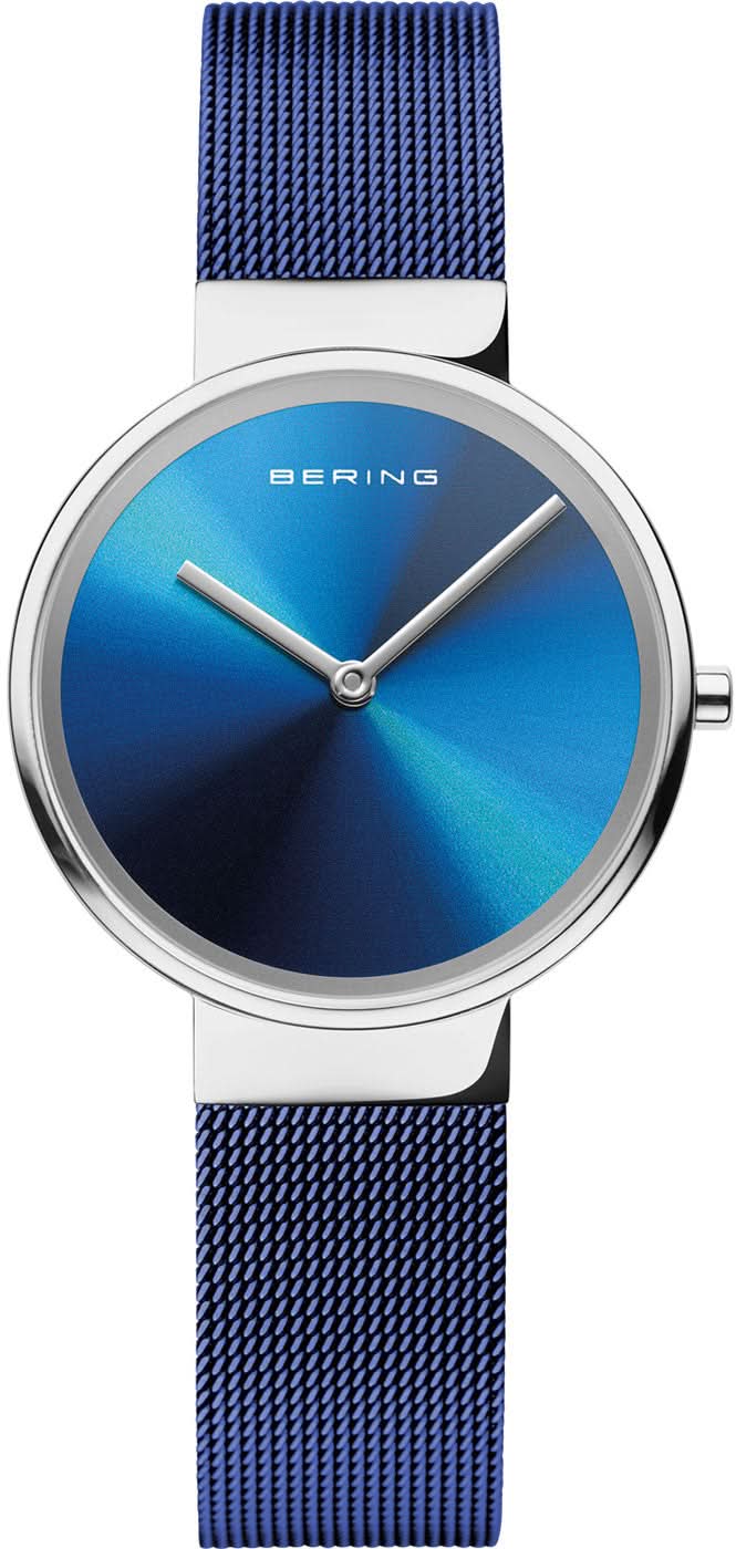 "Reloj de mujer con brazalete Milanesa azul, caja redonda y esfera azul"
