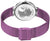 "Reloj de mujer con pulsera milanesa morada y cierre; tapa de fondo grabada"