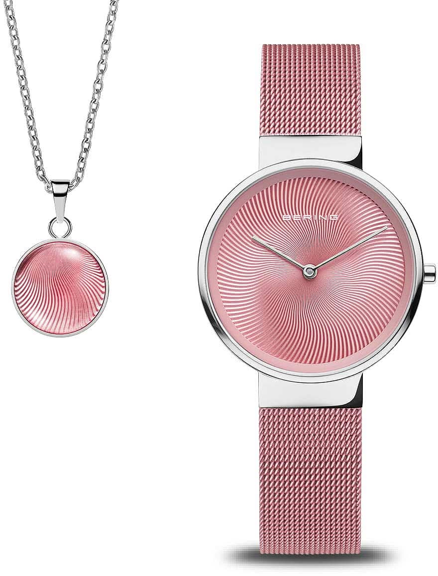 Reloj de mujer con esfera rosa y correa milanesa rosa, más colgante de cadena