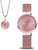 Reloj de mujer con esfera rosa y correa milanesa rosa, más colgante de cadena