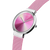 "Reloj de mujer de perfil con correa milanesa rosa, esfera redonda rosa"