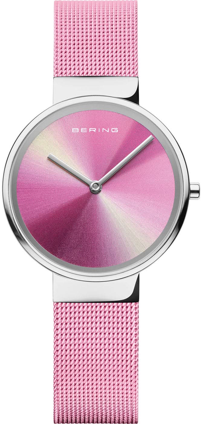 Bering reloj para mujer: pulsera milanesa rosa, bisel plateado, esfera rosa