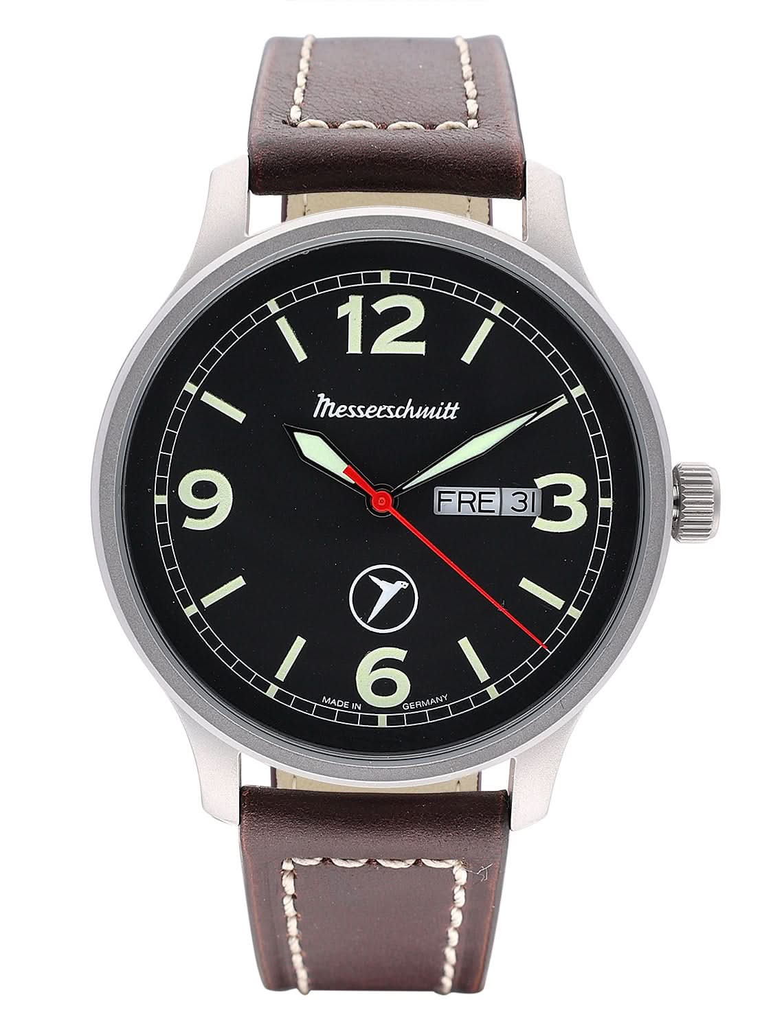 Pulsera de hombre con esfera negra, manecillas rojas, correa de cuero marrón, caja de acero