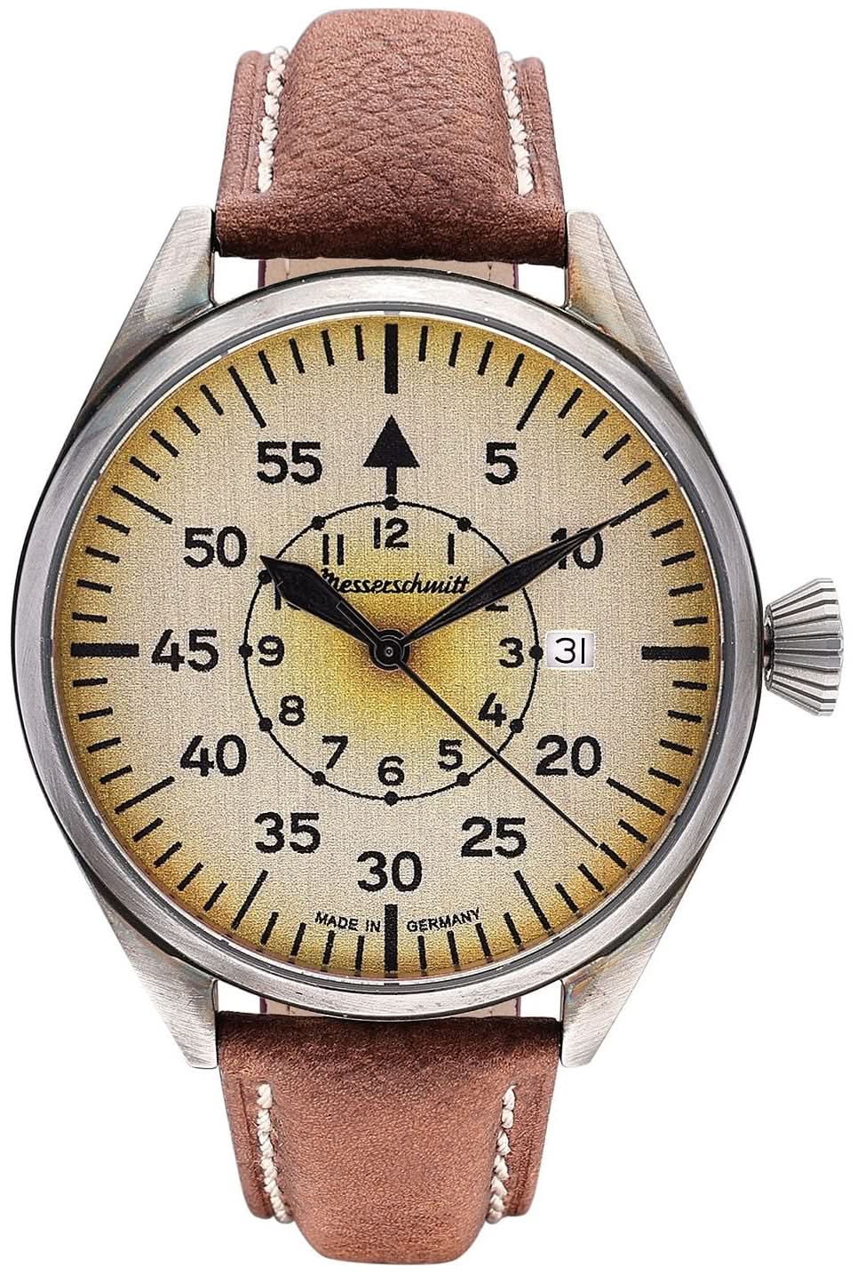 Reloj Messerschmitt para hombre con correa de cuero marrón, caja redonda de metal y esfera amarilla