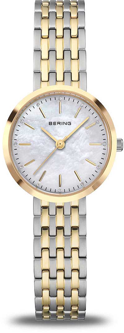 "Reloj de mujer con pulsera bicolor de acero inoxidable y esfera nacarada"