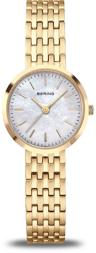 Reloj de mujer Bering con brazalete de metal dorado y esfera de nácar blanco