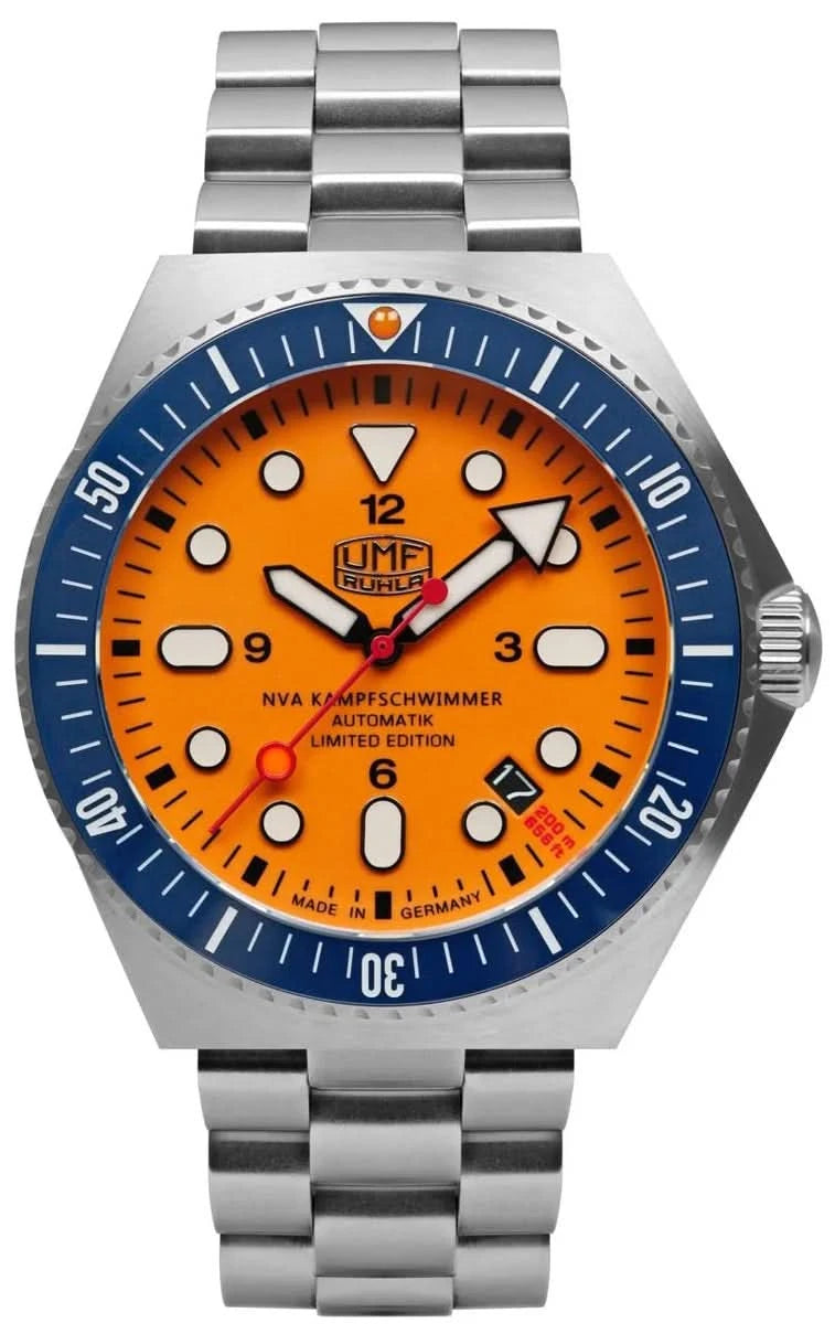 Pulsera para hombre: esfera naranja, bisel azul, correa de acero inoxidable plateado