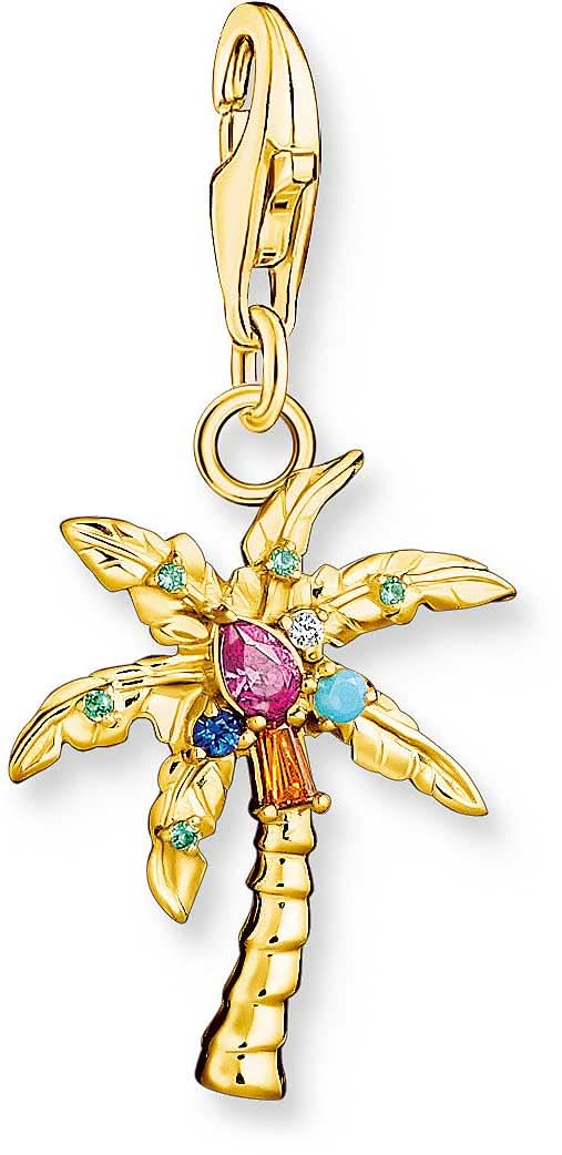 Charm de palma en tono dorado con pedrería multicolor, diseño 3D y ojal