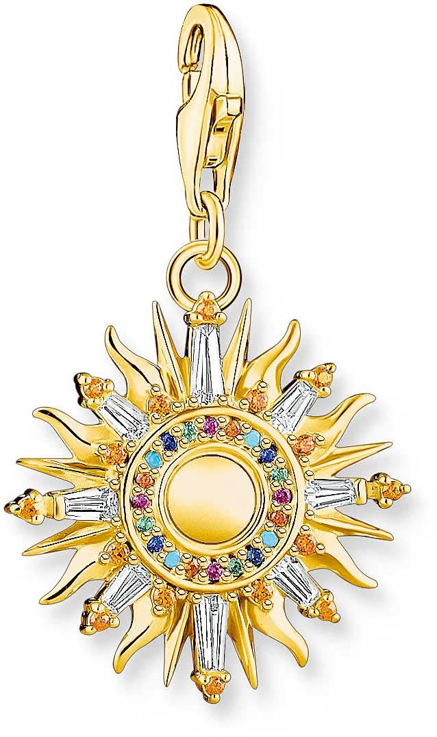 Colgante dorado con sol 3D, borde azul y piedras multicolores, con cierre de mosquetón