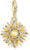 Colgante dorado con sol 3D, borde azul y piedras multicolores, con cierre de mosquetón