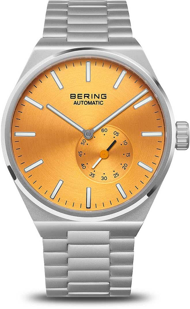 Reloj de hombre con esfera naranja y pulsera de acero inoxidable plateado