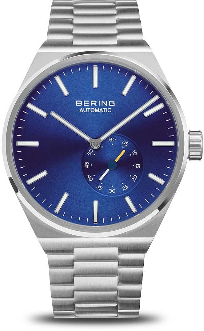 Pulsera de hombre con esfera azul, brazalete de acero inoxidable plateado y automático Bering