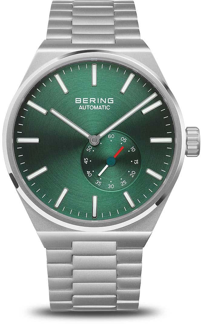 Reloj de hombre con esfera verde, índices luminosos y brazalete de metal plateado