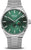 Reloj de hombre con esfera verde, índices luminosos y brazalete de metal plateado