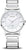 "Reloj de mujer con esfera blanca, bisel redondo y brazalete de cerámica plateada, solar."