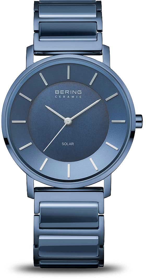 Reloj de mujer con esfera azul y correa de cerámica, caja redonda