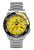 Reloj de hombre con correa de metal plateado y esfera amarilla, bisel negro