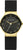"Reloj de mujer con esfera negra, bisel dorado y correa de cuero negra"