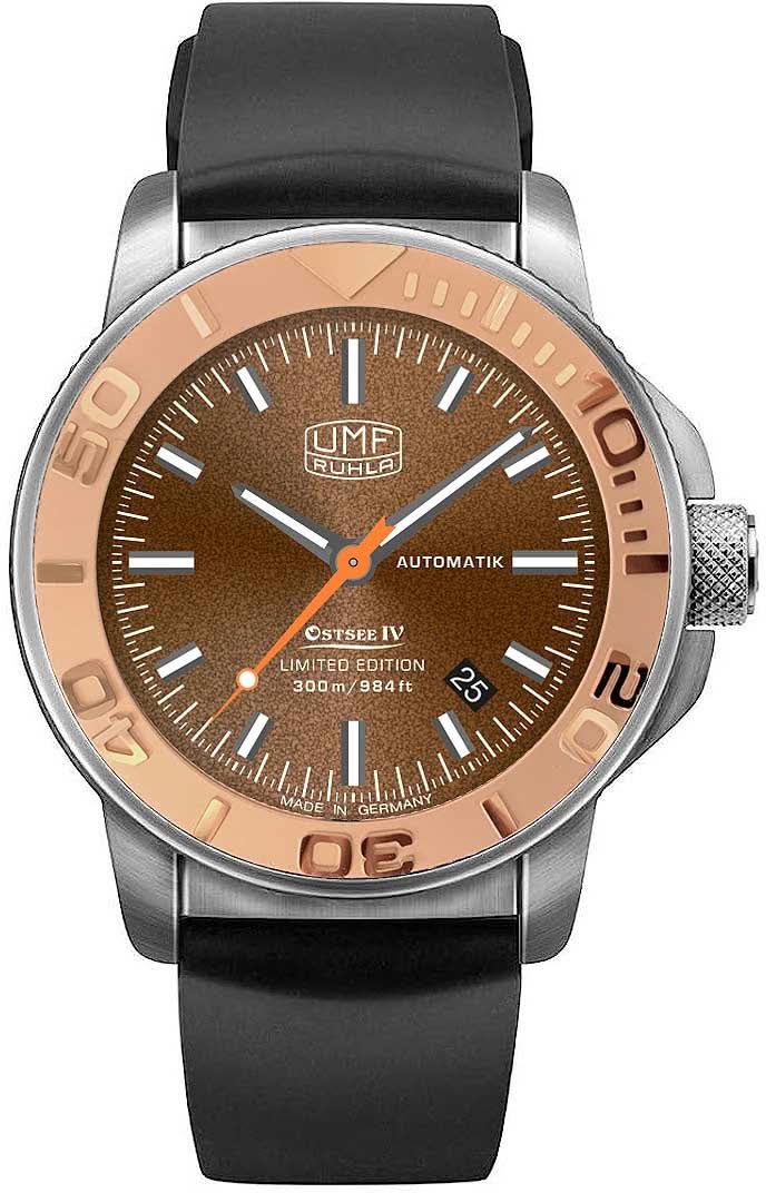 Reloj UMF Ruhla para hombre con correa negra, caja redonda plateada y esfera marrón