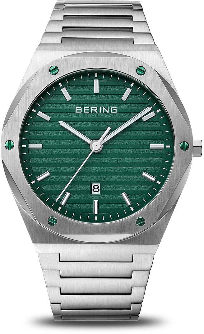 Reloj de hombre con esfera verde y pulsera de acero inoxidable plateado, manecillas finas