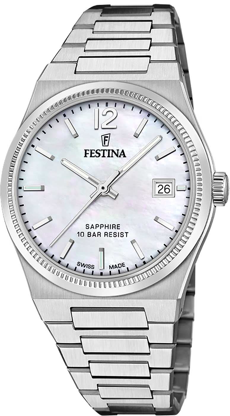 Reloj Festina para mujer con correa de acero inoxidable plateada, esfera blanca y ventana de fecha.