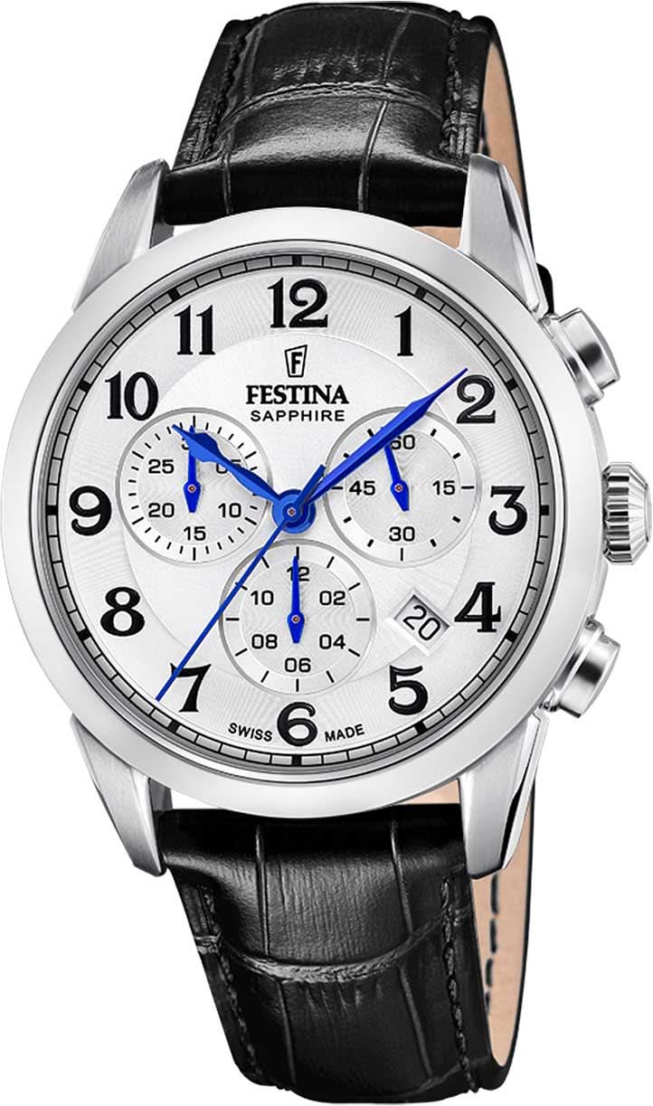 Reloj Festina para hombre con correa de cuero negra, caja redonda plateada, pantalla analógica